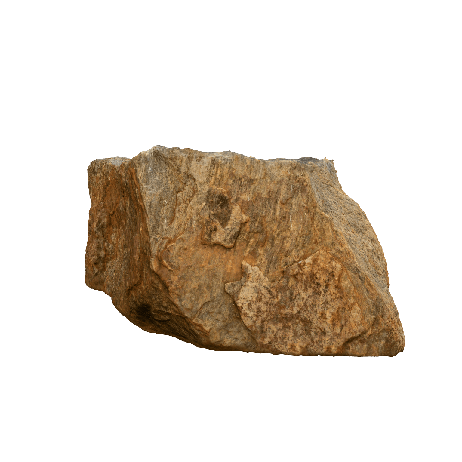 A blocky, weathered boulder with gray-brown and earthy golden faces