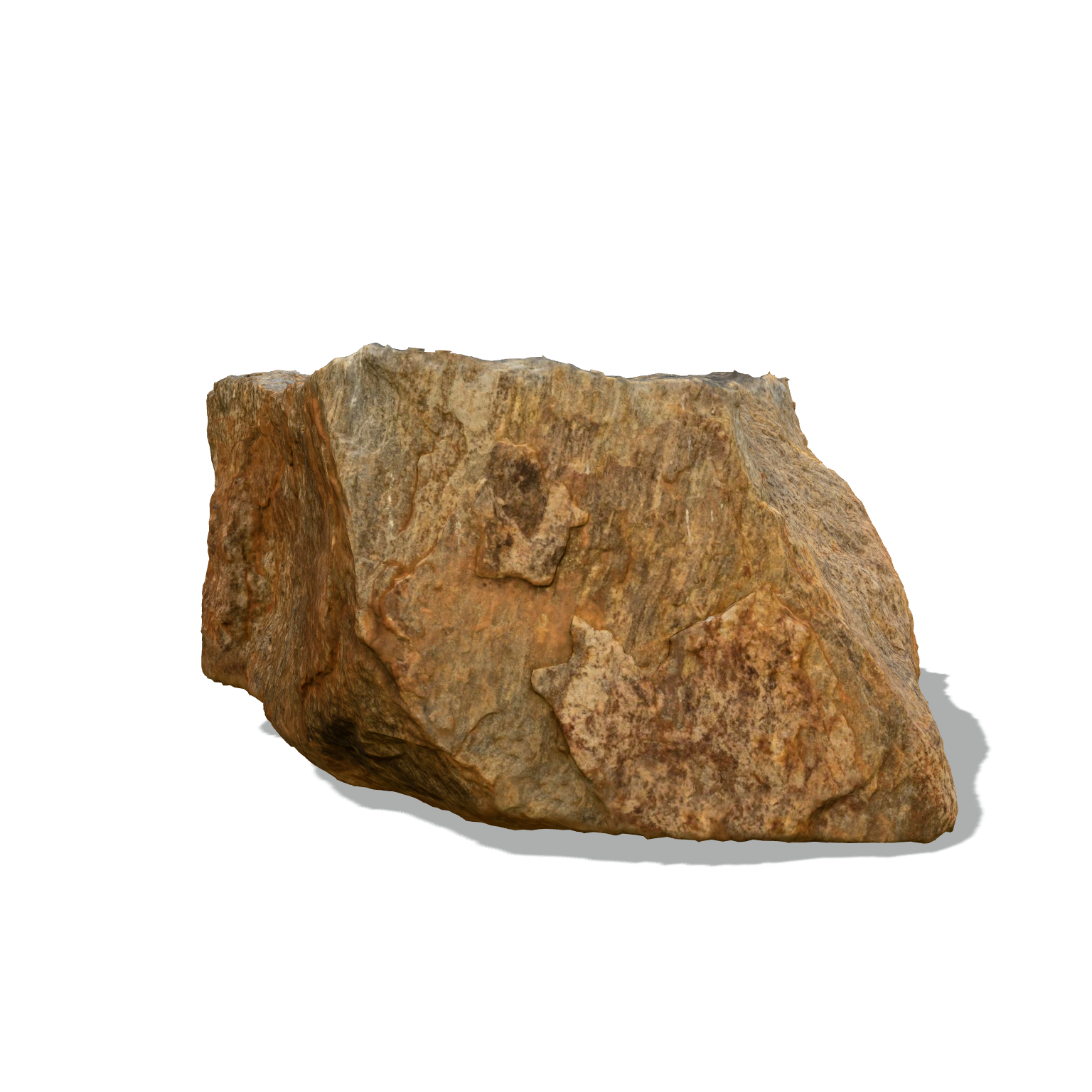 A blocky, weathered boulder with gray-brown and earthy golden faces