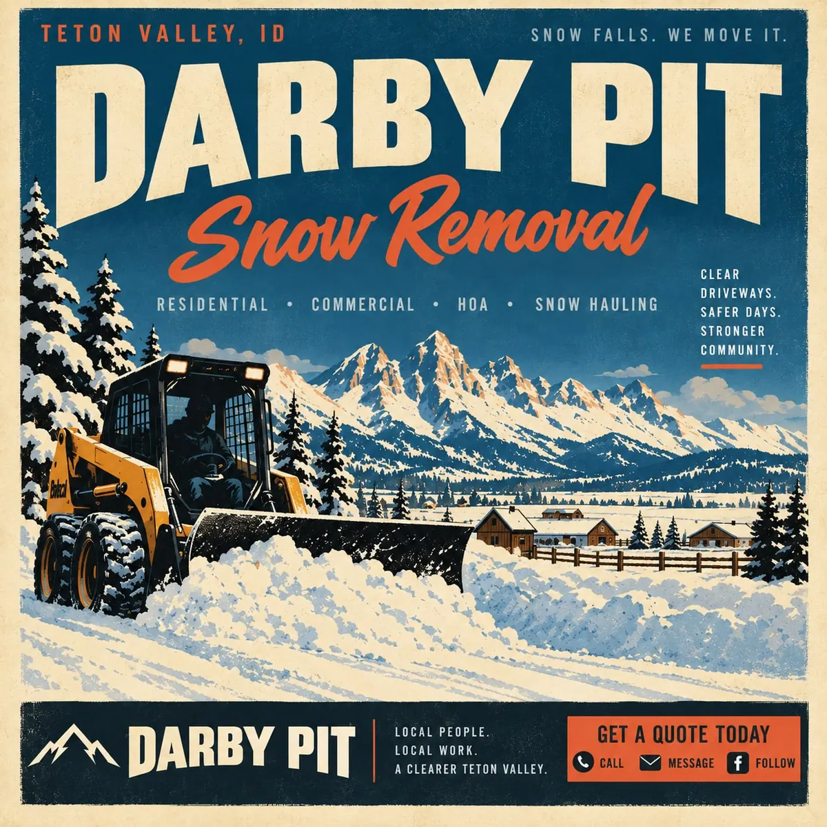 Darby Pit Snow Removal flyer: a loader plowing snow in front of the Tetons. Residential, commercial, HOA and snow hauling in Teton Valley, Idaho.